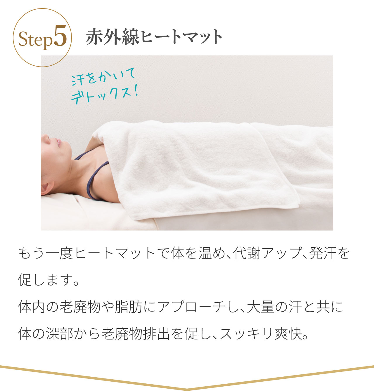 もう一度ヒートマットで体を温め、代謝アップ、発汗を促します。体内の老廃物や脂肪にアプローチし、大量の汗と共に体の深部から老廃物排出を促し、スッキリ爽快