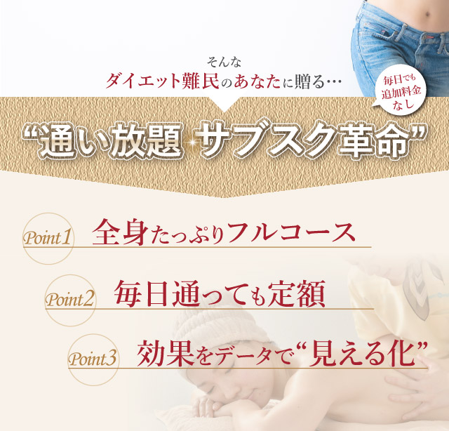 エステの「通い放題」サブスク革命。痩せポイントを押えて効果的にシェイプアップ！ダイエット難民の貴女に贈る、毎日でも追加料金無しエステ！